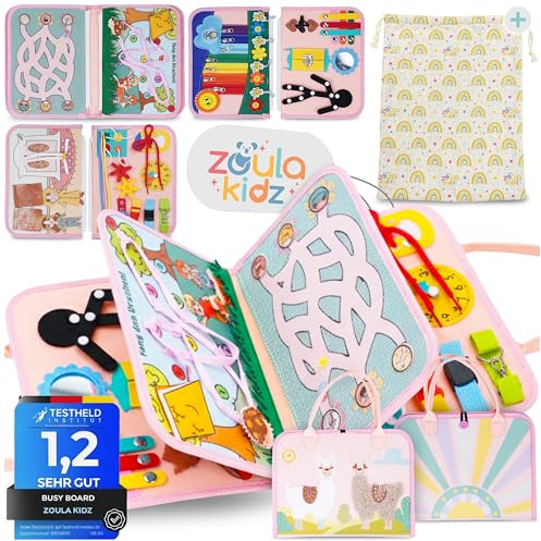 zoula kidz® Busy Board Montessori Spielzeug ab 3 Jahre, 6 Seiten Filz | Quiet Book & Busy Book aus weichem Filz, Reisespielzeug Auto & Flugzeug, Activity Board, Motorikspielzeug, Alpaka-Fell