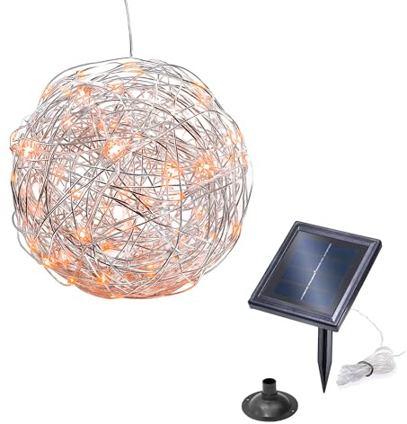 Esotec Solar Drahtkugel LED Dekokugel Bernstein 25cm Aluminium 102114 | Solar Drahtkugel, 50 bernsteinfarbene LEDs 1800K, Dauer-/Blinklicht, bis 10Std, AA NiMH Akku wechselbar, 3m Kabel, Ø25cm