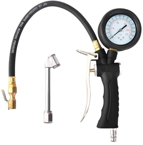 Profi Reifenfüller Druckluft Luftdruckprüfer Reifendruckmesser, mit 360°drehbarem Manometer, für Auto Motorrad Fahrrad PKW LKW (Black, 16bar)