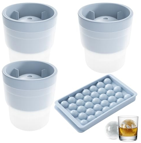 4Pcs Set Ice Ball Mould, 3 Pcs Ice Cube Mould Ice Balls Maker with 1 Ice Tray, 6CM Reusable Large Sphere Shaped Ice Cube Moulds for Making Big Ice Ball, Perfect for Cocktails and Beverages(Blue)