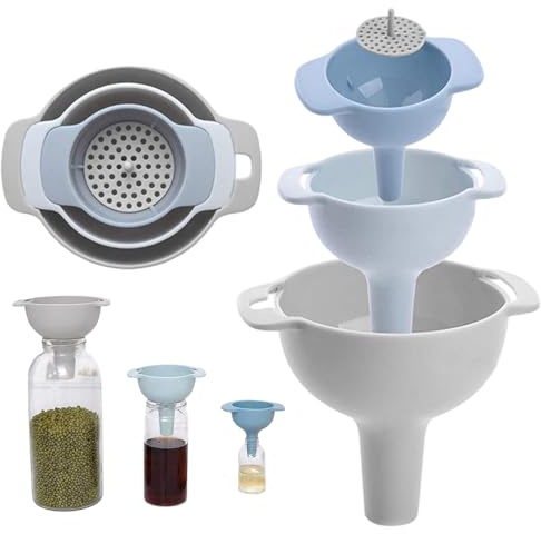 Lot de 3 entonnoirs de cuisine avec passoire, entonnoirs en plastique pour remplir petites bouteilles, verser l'huile et des produits secs – faciles à nettoyer et sans danger pour..
