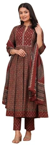 DHAKA Women's Pure Cotton Anarkali Kurti Pant Dupatta Set | Printed Ethnic Suit Set for Festive, Party & Evening Wear, (Maroon, XX-Large)