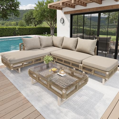 Zravenna modulare Gartenmöbel-Set mit 10cm dicken Kissen und Glas-Couchtisch, Outdoor-Sitzgruppe aus Seilgeflecht, verstellbaren Füßen, wetterfest für Terrasse, Balkon, Poolbereich (Beige)