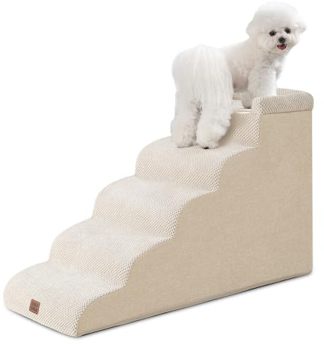 EHEYCIGA Escalier Chien 5 Marches 52.6cm H, Rampe Chien pour Canapé Lit | Mousse Haute Densité, Surface Antidérapante, Housse Amovible et Lavable, Pour Petits Chiens et Chats, Beige