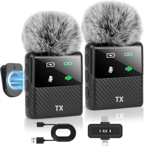 Kairiyard Mini microfono wireless per iPhone, iPad, telefono Android, cancellazione del rumore, plug & play, clip magnetica, microfono lavalier per registrazione video, podcast e vlog