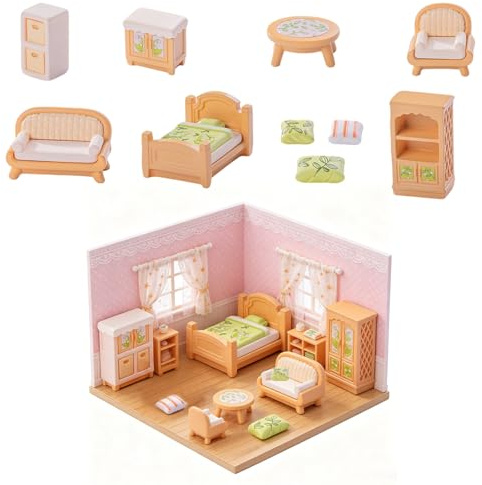10 Stück Puppenhaus Möbel Set Plastik in Holzoptik Miniatur Möbel für Wohnzimmer Puppenhaus Zubehör Sofa Tisch Schrank Bett Kissen Dekoration für Puppenstube Sammler Figuren Zubehör DIY Modellbau