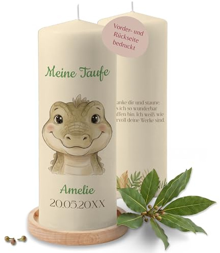 Taufkerze - Taufe - Krokodil mit Name Datum Wunschtext - Deko Geschenk personalisiertes Taufgeschenk - 230/78 mm - Elfenbein
