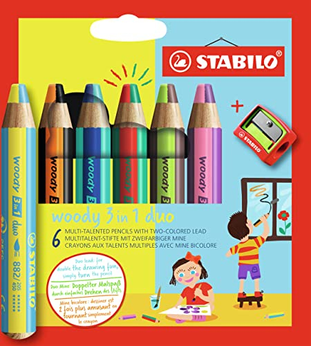 STABILO - Duo Buntstift, Wasserfarbe & Wachsmalkreide - woody 3 in 1 duo - zweifarbige Mine - 6er Pack mit Spitzer - mit 6 Stiften und 12 verschiedenen Farben