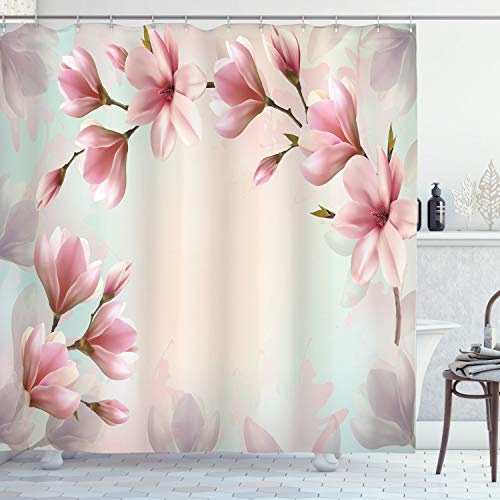 ABAKUHAUS Magnolie Duschvorhang, Double Exposure Effect, Stoffliches Gewebe Badezimmerdekorationsset mit Haken, 175 x 180 cm, Dunkle Koralle