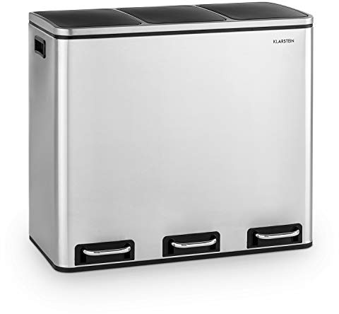 KLARSTEIN Grandmaster Trash Pattumiera a pedale, Separatore rifiuti 54 litri con 3 secchi da 18 litri, Riciclaggio, PP/involucro acciaio inox, Maniglie, Acciaio inox spazzolato/nero