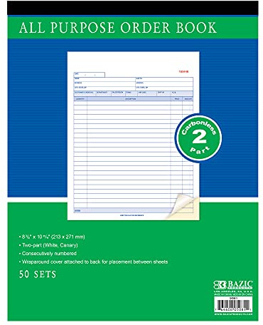 BAZIC Products All Purpose Order Book, 50 Sets 8 3/8 x 10 11/16 2-Part Carbonless, White & Bound Wraparound Cover (50 Sets/Pk), 1-Pack
