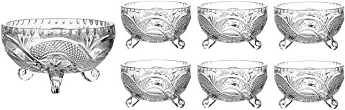 Khanary Set of 7 Glass Bowls Unique Embossed Crystal Look Footed Dishes Fruit Salad Trifle Dessert Sundae Ice Cream Appetiser Starter Prawn Cocktail Pudding Trifle 7 Pieces