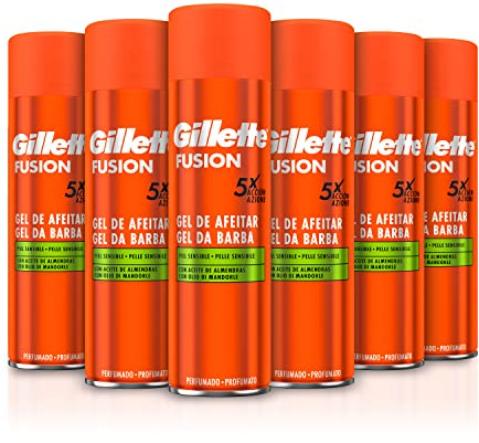 Gillette Fusion Gel de Afeitar Hombre para Pieles Sensibles Acción x 5, Pack 6 x 200 ml, con Aceite de Almendras, Limpia, Hidrata y Protege