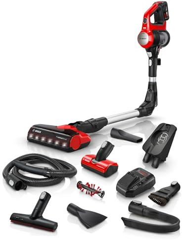 Bosch Akku-Staubsauger Unlimited 7 ProAnimal BKS711PET, kabelloser Tierhaar-Staubsauger, beutellos, Knickrohr, Hygiene-Filter, 10 Jahre Motorgarantie, XXL-Polsterdüse, LED-Beleuchtung, Turbostufe, rot