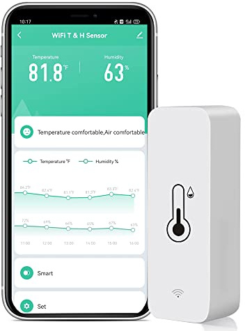 WiFi Temperature Humidity Sensor: Wireless Temperature Humidity Monitor with App Alert, Free Data Storage Export, Smart Indoor Thermometer Hygrometer Compatible with Alexa Google Assistant (1-Pack)