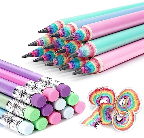 Hanffero Regenbogen Bleistifte, Zeichnung Schreiben Bleistift mit Gummi, Recycelbares Papiermaterial, Vorgespitzt, Für Schule und Büro - Härtegrad HB (12 Stück)1