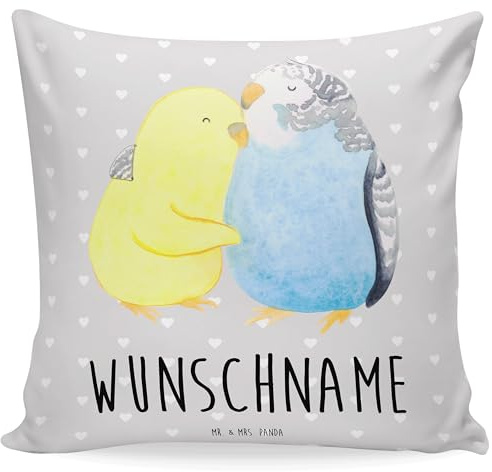 Mr. & Mrs. Panda Kuschelkissen personalisiert Wellensittich Liebe - Personalisierte Geschenke, Kissen, Umarmen, Freundin, Verknallt, mit Namen, Kissenbezug, Personalisiertes, Beziehung, Kuscheln