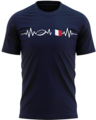 France Flag Heartbeat Rugby T Shirt Mens French Football Rugby Français Supporter Tee Top, XL, Navy