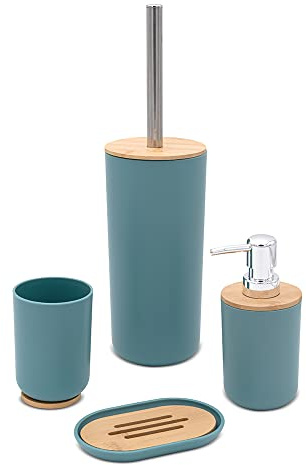 Inbagno Set Bagno Accessori Completo – 4 Pezzi, Kit Accessori appoggio in ABS e Legno bambù, Include Dispenser, portaspazzolini, portasapone e scopino WC, Linea Surf