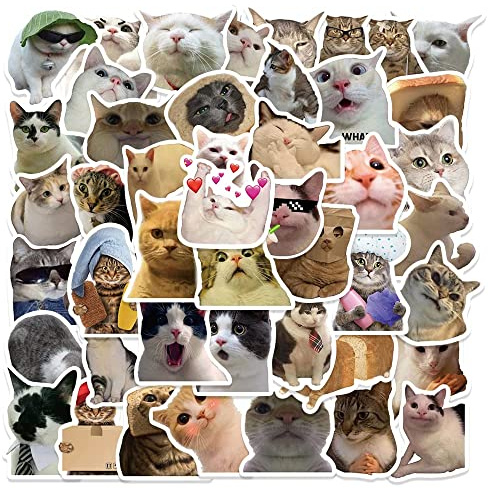 Labstandard 50pcs Funny Meme Cat Stickers Pack for Kids Teens Girls Laptop Waterproof Vinyl Decals for Water Bottle Travel Case Phone Scrapbook Guitar Birthday Party