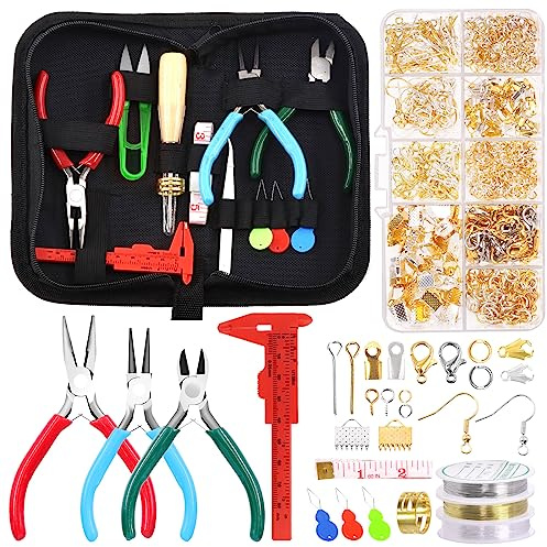 Swpeet 950Pcs Jewelry Making Supplies Kit with Tools, 3 Type Pliers, Colors Wires and 20 Styles Findings, Jump Rings Plastic Caliper Awl Tweezers Scissors, (S3210)