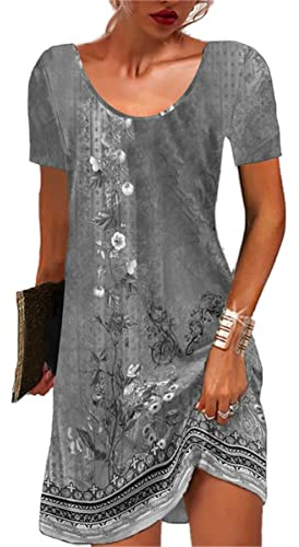GRMLRPT Vestiti Casual da Donna Abito Manica Corta a Collo Rotondo Estivo Floreale Bohémien Mini T-Shirt Abito (Multicolore,S-XXL)