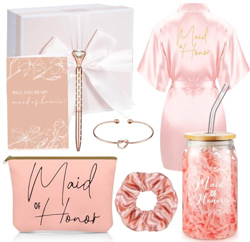 Irenare 8-teiliges Geschenk-Set mit Bademänteln, Make-up-Tasche, Tassenkarten, Haarband, Armband, Diamantstift, Brautjungfer, Geschenkbox (Rosa, Trauzeugin)