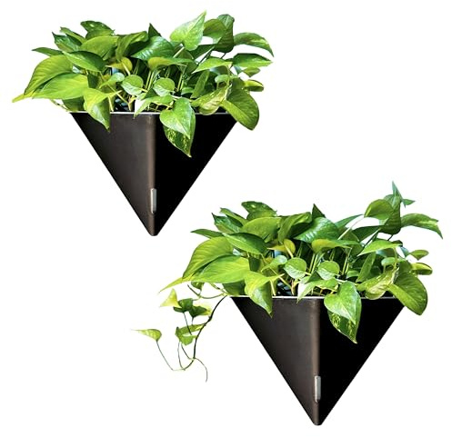 LaLaGreen Wall Planters for Indoor Plants - 2 Pack, 12 Inch Large Self Watering Black Geometric Hanging Flower Vase Vessel with Metal Hanger, Modern Stylish Wall Mounted Succulent Pot Holder Decor
