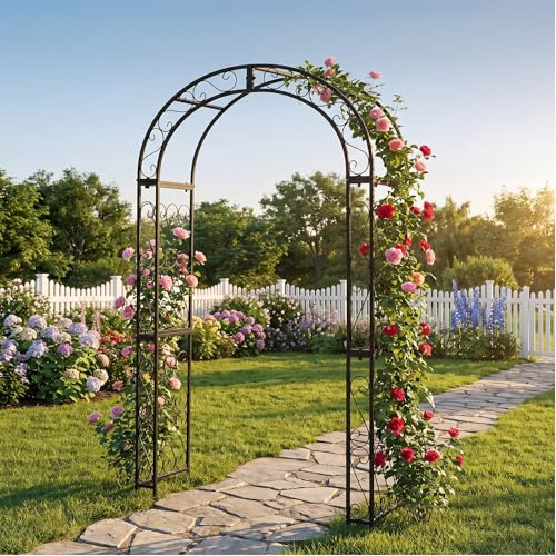SCENDOR GARDEN Arco de jardín de 124 cm x 47 cm x 212 cm, arco de metal negro resistente, rejilla de hierro fundido para diferentes plantas trepadoras, arco europeo para ceremonia de boda