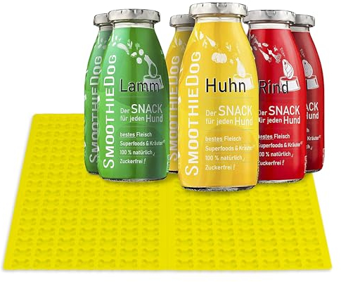 SmoothieDog 6er Klassik mit Trixie Silikon Backmatte mint - Smoothie (je 250ml mit 2x Huhn, 2x Lamm, 2x Rind), Backform Hundekekse, backen mit Hundesmoothie, Bpa-frei