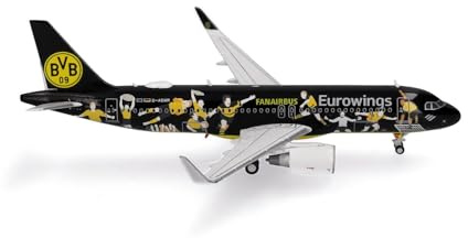 Herpa Modellflugzeug Eurowings Airbus A320 BVB Fanairbus - D-AEWM, Miniatur im Maßstab 1:400, Sammlerstück, Modell mit Standfuß, Metall