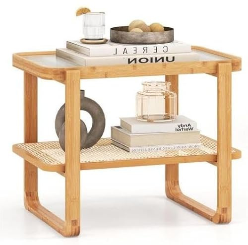 Multigot Bamboo End Table, 2-Tier Rectangular Sofa Side with Rattan Shelf & Glass Tabletop, Boho Nightstand for Living Room Bedroom