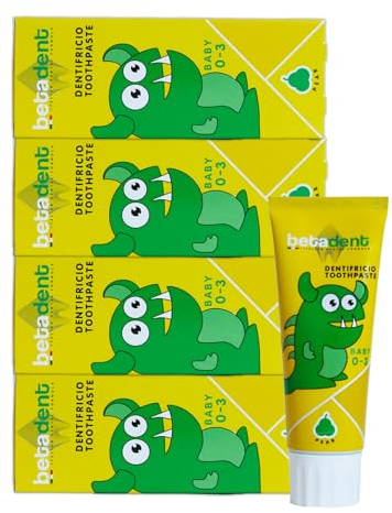 Betadent KIT 4 DENTIFRICIO BABY PER BAMBINI DA 0 A 3 ANNI. Senza Fluoro. Gusto Pera. Azione Antiplacca, facilita la dentizione. Formulazione naturale. 4x75ml