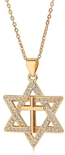 Birthstone Star of David Cross Pendant Necklace | 14K Gold Tiny Six Point Jewish Star Jewelry Gift for Women
