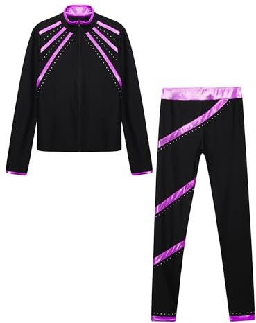 Alvivi Kinder Mädchen Sport Set Trainingsanzug Langarm Sweatjacke + Hose Sport Leggings Glänzend Eiskunstlauf Anzug Yoga Gym Sportanzug Lila 110-116