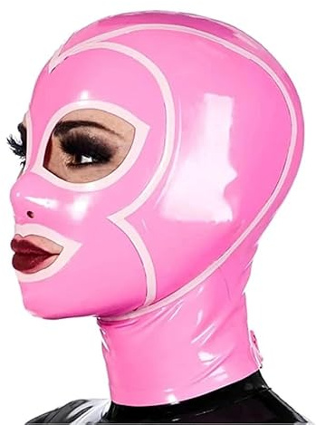 Bondage Latexmaske für Fetischliebhaber und dominante SM-Abenteuer, körperbetonte Fetisch Kopfhaube aus elastischem, hochwertigem Naturlatex, perfekt für heiße Nächte, geheime Fantasien,L,Pink