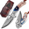 FORESAIL Damaszener Taschenmesser, geschmiedete Damaszener Stahlklinge, neuer Griff aus Harz und Ahornblatt, mit Lederetui, Taschenclip, geeignet für Wanderungen, EDC Geschenk