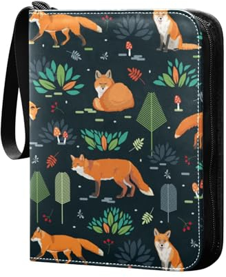 Füchse Bäume Pilze Beeren Sammelkartenalbum 4 Taschen Kartenordner 50 Seiten 400 Karten PU Reißverschluss Kartenbinder Aufbewahrungshalter für Sportspielkarte