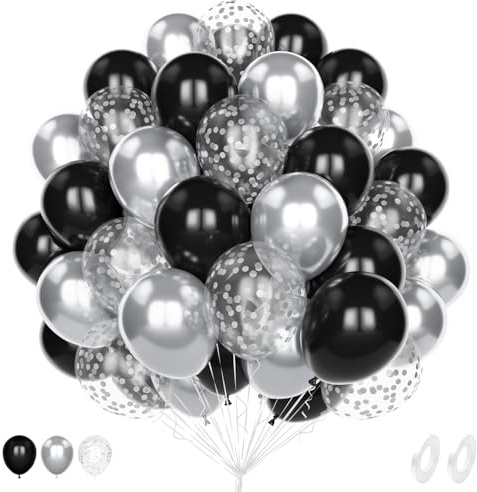Luftballons Schwarz Silber, 60 Stück 12 Zoll Matt Schwarze Metallic Silber Latex Hélium Konfetti Ballons für Geburtstage Abschlussfeiern Jahrestage Hochzeiten Brautduschen Verlobungen Party Deko