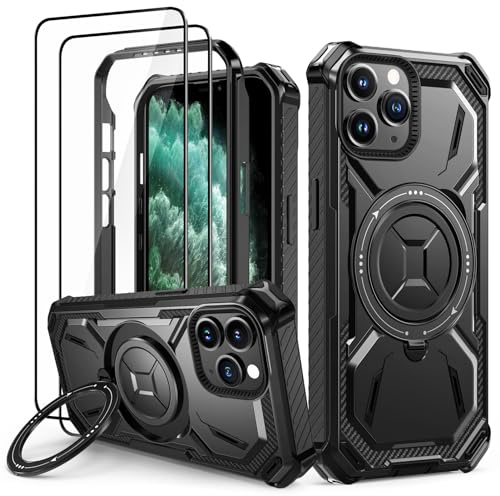 Lanhiem für iPhone 11 Pro Hülle, 360° Ring Ständer, Stoßfest Armor, Schwarz | mit 2 Stück Schutzfolie, Robust Bumper Schutzhülle, Militärischer Panzerhülle, Kratzfest Handyhülle für iPhone 11 Pro Case