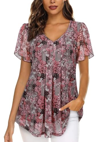 ACDAY Ladies Blouses Size 16 UK Womens Ruffle Short Sleeve Tunic Tops Long Tops for Women UK Casual Elegant V Neck Tops Womens Night Out Tops Wedding Guest Concerts Tops Khaki