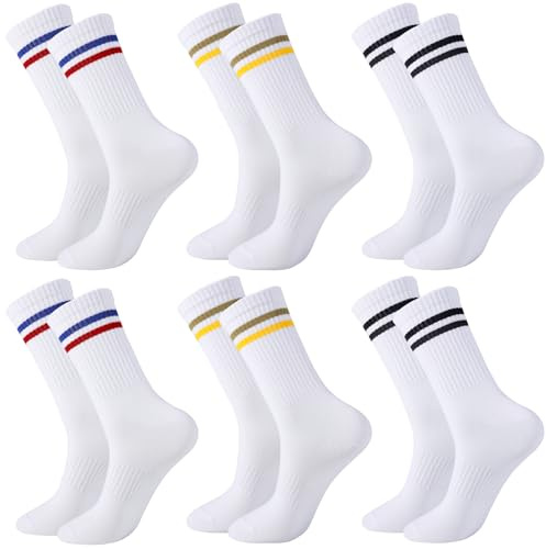 Yamitora 6 Paar Tennissocken Herren Damen 39-44 Sportsocken Weiß Socken Herren Lange Baumwollsocken Unisex Sport Socken Bunte Streifen Herrensocken für Tennis Sport Lauf(Blau-Rot+Gelb-Braun+Schwarz)