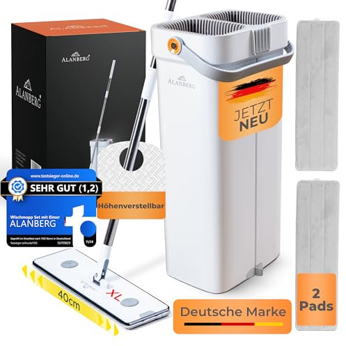 XL Mop and Bucket Set, Dual-Chamber System, 143–181 cm Telescopic Handle, 40 cm Flat Floor Mop, Self-Wringing with Pet Hair Remover and 2 Microfibre Pads, White – ALANBERG®