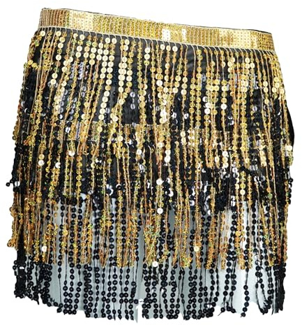 MUNAFIE Pailletten Rock Glitzer Rock Bauchtanz Hüfttuch Kostüm Damen Festival Outfit Damen Schwarz-Gold