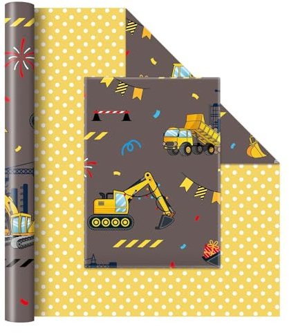 WERNNSAI 1 Rolle Baustelle Geschenkpapier 10m x 43cm Bagger mit Punkten | Braunes Baustelle Geburtstagsparty Traktor Bagger Geschenkverpackung für Junge Kinder