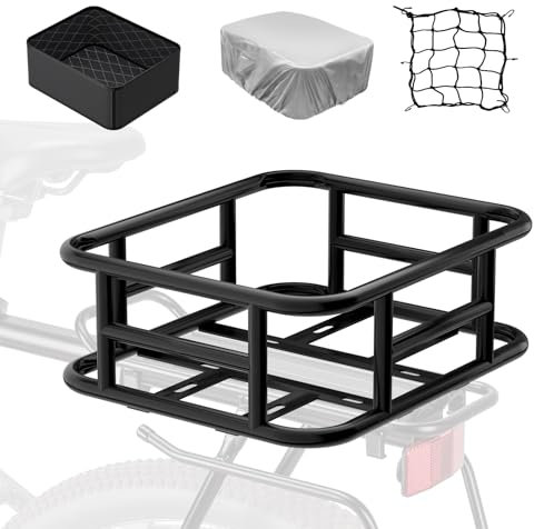 Bike Basket Rear with Cargo Net and Liner Large Bicycle Basket Electric Bicycle Basket Rear Ebike Large Rear Bike Basket Rack with Waterproof Cover Cargo Net