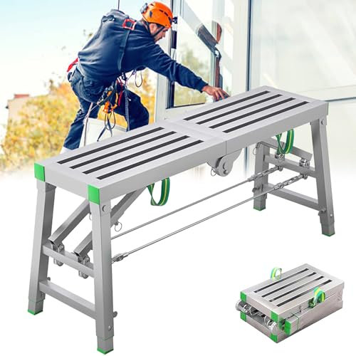 GESAIDES Verstellbare Arbeitsplattform-Tragfähigkeit 440 kg, Tragbare Hocker-Klappleiter, rutschfest, für die Werkbank im Hausbau, Klappbare Stahlgerüstleiter,140cm