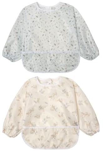 Little Dimsum Full Sleeved Feeding Bib 2 Pack,Baby & Toddler Waterproof Bib Apron,Food Protection Large Pocket Eating Smock 6-36 Months(Yellow Rabbit&Blue leaves)