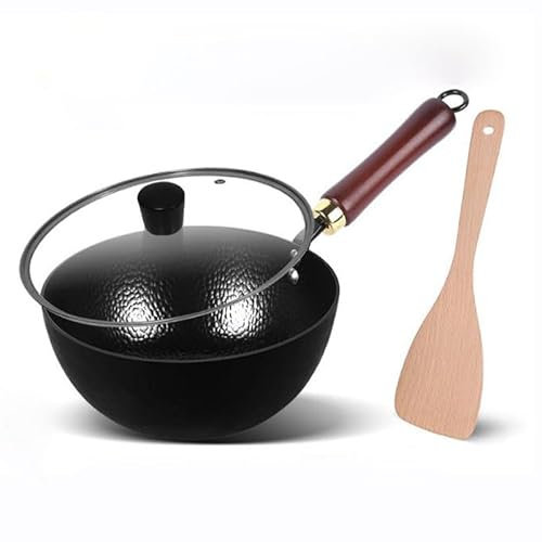 YYRHD-CZ Mini Wok, Sartén Antiadherente De Fondo Redondo Sin Revestimiento Tradicional, Estufa De Gas con Tapa Y Espátula De Madera, 20-28 Cm(Glass Lid,20cm)