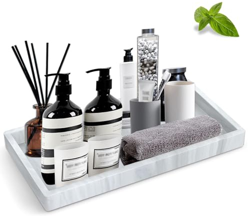 Marmor Tablett, Deko Tablett, Marmorplatte, Schneidebrett Marmor, 20 * 10CM Tablett Rechteckig für Waschtisch Badewanne Küchenspüle und Toilette (Marmor Weiß)
